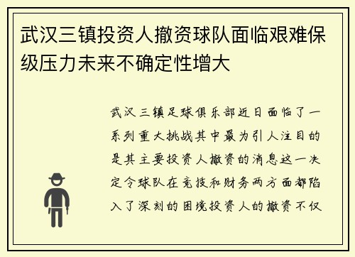 武汉三镇投资人撤资球队面临艰难保级压力未来不确定性增大